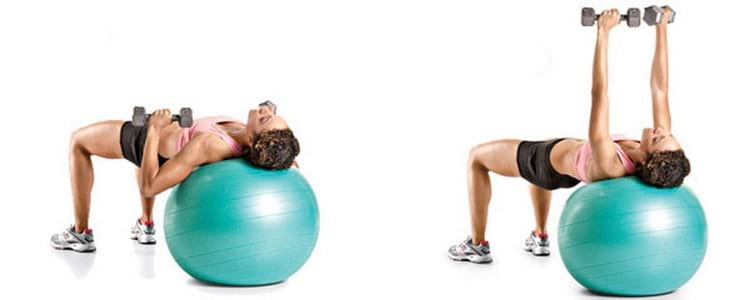 Вариант упражнения с гантелями на фитоболе